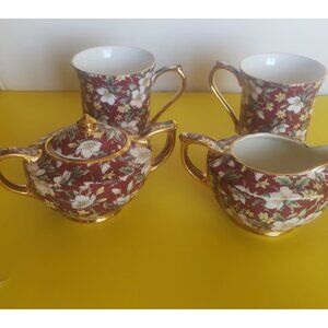 James Sadler Coffee/Tea Mugs with Creamer & Sugar Bowl "Holiday Chintz"
